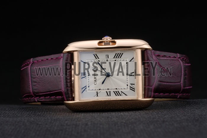 Cartier Tank Anglaise 30mm White Dial Gold Case Purple Leather Bracelet