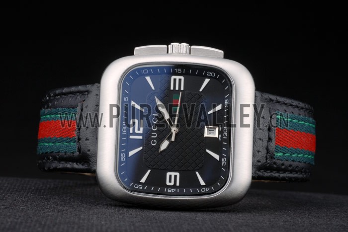 Gucci Black Leather Strap Polished Stainless Steel Bezel Black Dial 80216