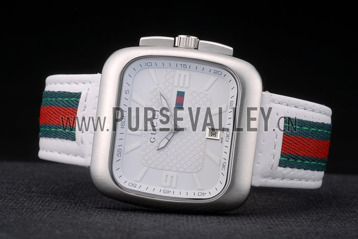 Gucci White Leather Strap Polished Stainless Steel Bezel White Dial 80218