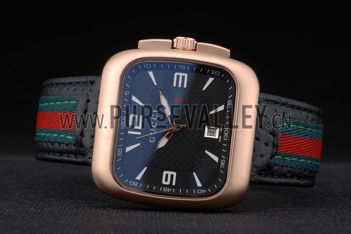 Gucci Black Leather Strap Rose Gold Bezel Black Dial 80222