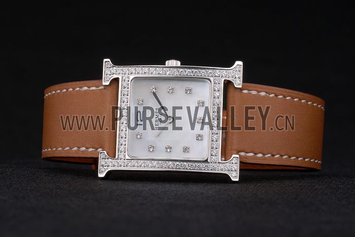 Hermes Heure H Stainless Steel Diamond Encrusted Bezel Tan Leather Strap White Dial 80232