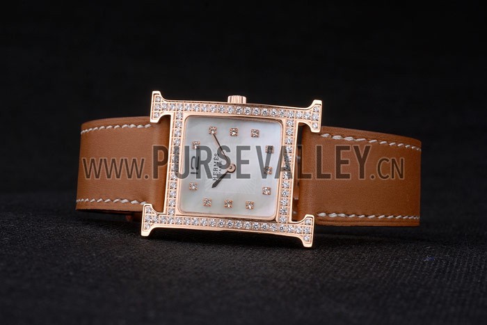 Hermes Heure H Rose Gold Diamond Encrusted Bezel Tan Leather Strap White Dial 80236