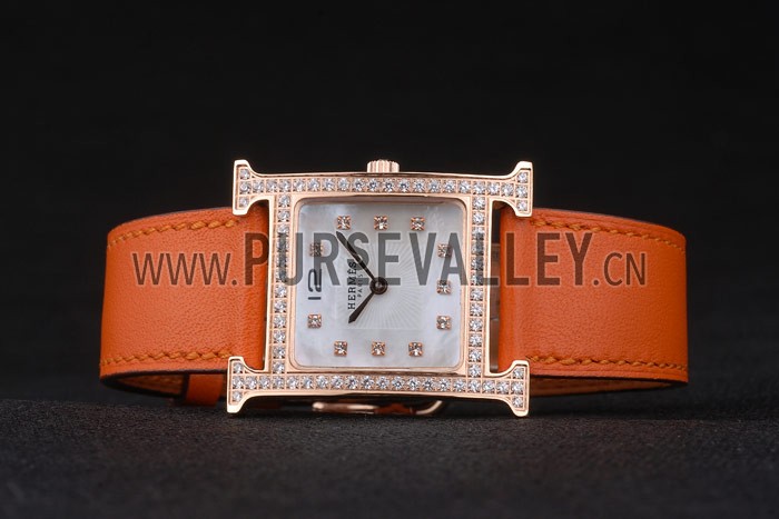 Hermes Heure H Rose Gold Diamond Encrusted Bezel Orange Leather Strap White Dial 80237