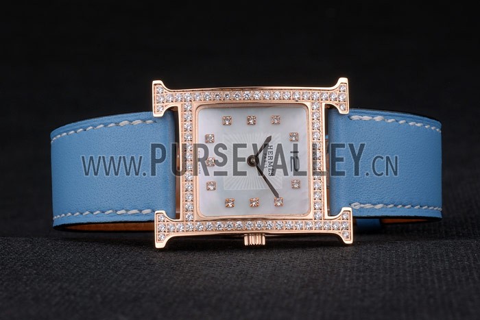 Hermes Heure H Rose Gold Diamond Encrusted Bezel Blue Leather Strap White Dial 80238