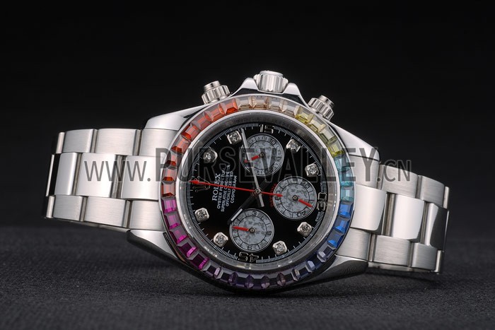 Rolex Daytona Cosmograph Rainbow Crystals Bezel Stainless Steep Strap Black Dial 80250