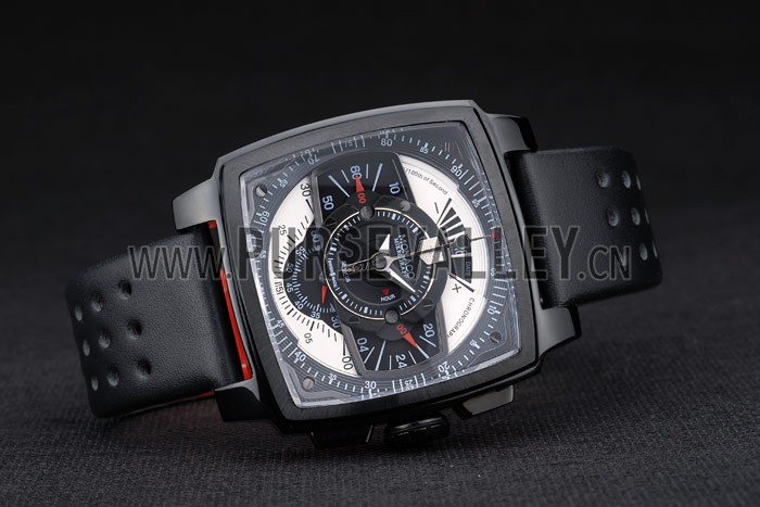 Tag Heuer Monaco Black-Red Perforated Leather Strap Black Dial 80309