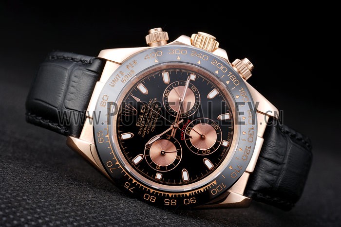Rolex Daytona Rose Gold Case Black Dial Black Leather Strap