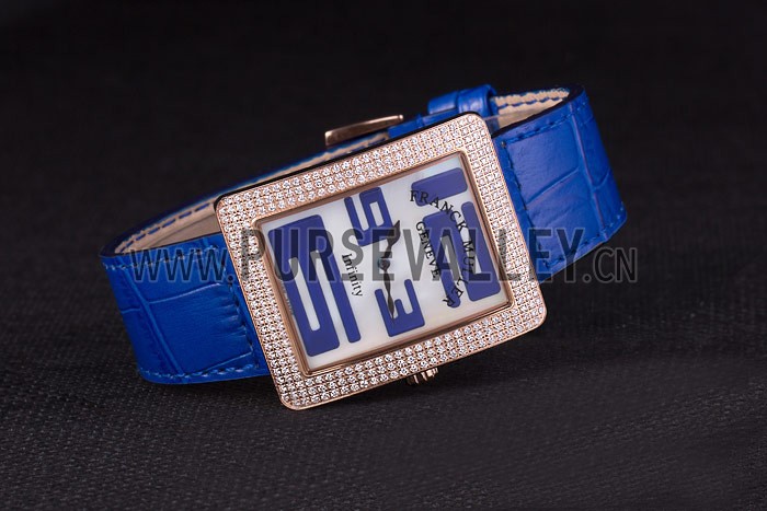 Franck Muller Infinity Diamond Encrusted Rose Gold Bezel Blue Croco Bracelet 80277