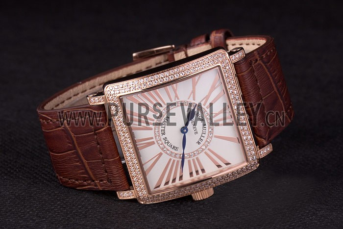 Franck Muller Master Square Diamond Encrusted Rose Gold Bezel Brown Croco Bracelet 80283