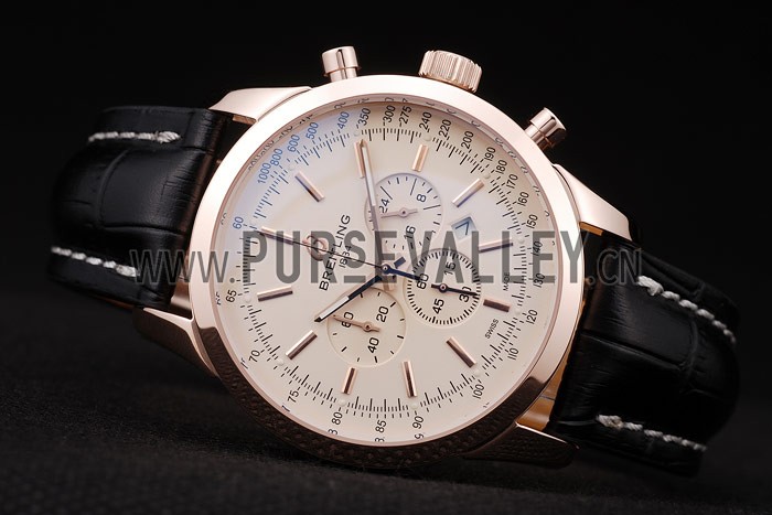 Breitling Transocean White Dial Black Leather Strap Rose Gold Bezel 98206