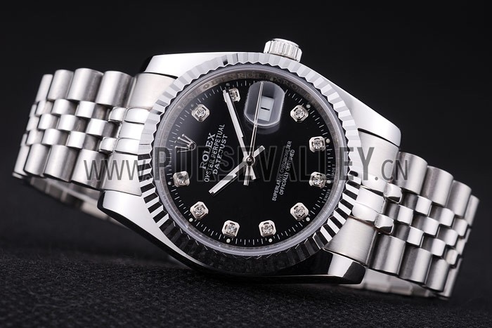 Rolex Datejust Black Dial Diamonds Ribbed Bezel 7458