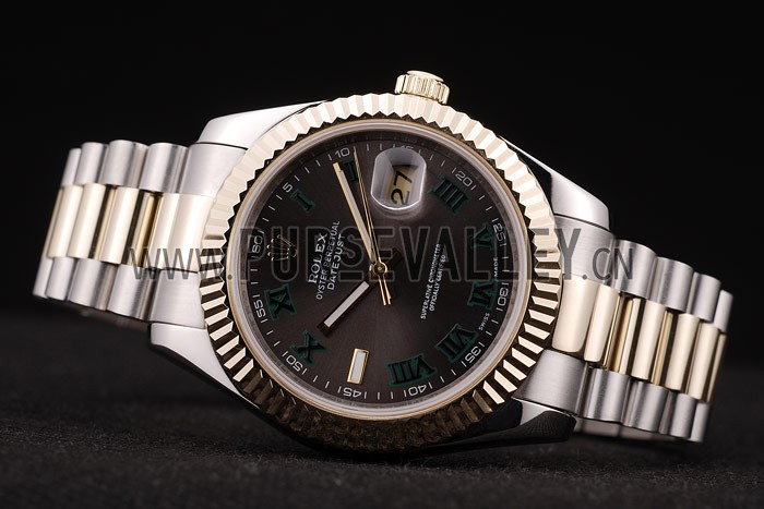 Rolex DateJust Gold Ribbed Pattern Bezel Black Dial