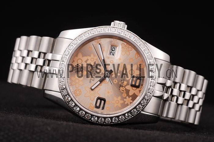 Rolex DateJust Brushed Stainless Steel Case Orange Flowers Dial Diamonds Plated