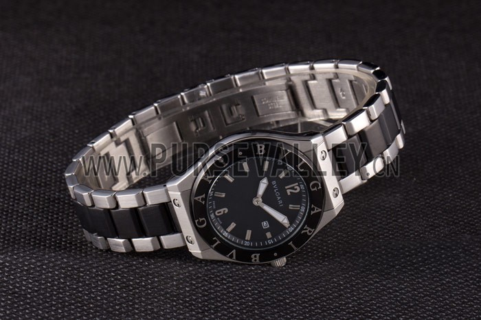 Bvlgari Diagono 40mm Black Dial Steel Case Black Bezel Two Tone Bracelet