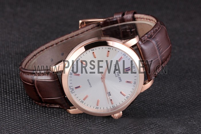 Patek Philipe Calatrava Roze Gold Polished Bezel Brown Leather Bracelet 801430