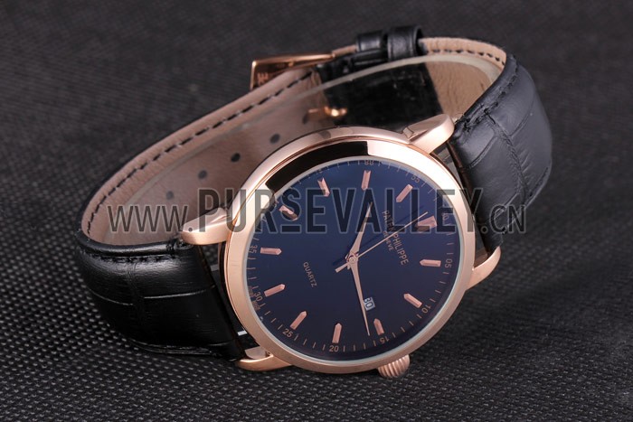 Patek Philipe Calatrava Roze Gold Polished Bezel Black Leather Bracelet 801432