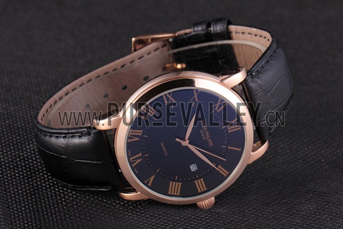 Patek Philipe Calatrava Roze Gold Polished Bezel Black Leather Bracelet 801435