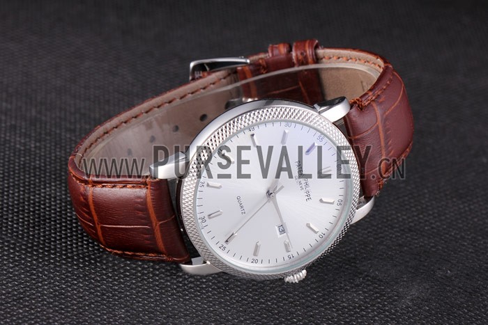 Patek Philipe Calatrava Stainless Steel Ribbed Bezel Brown Leather Bracelet 801429