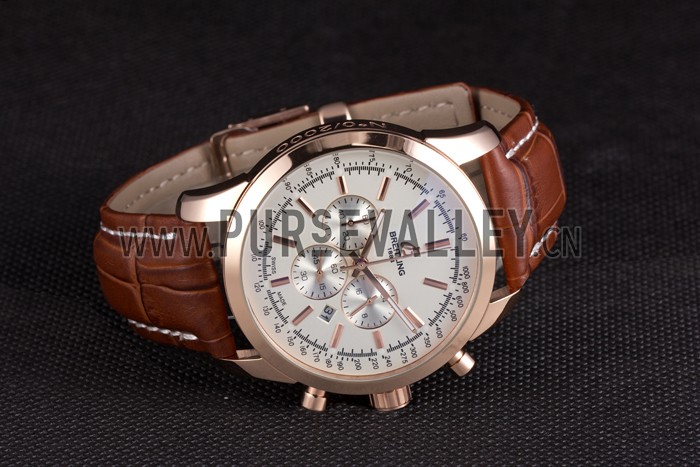 Breitling Transocean White Dial Brown Leather Strap Rose Gold Bezel