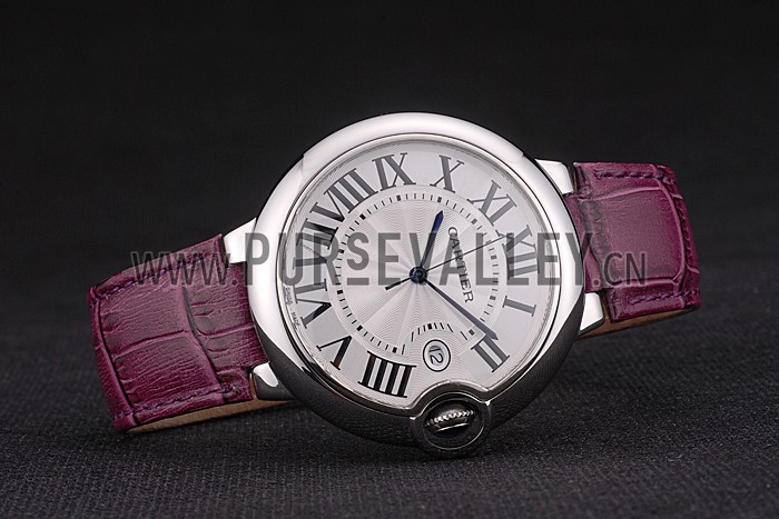 Cartier Ballon Bleu 42mm White Dial Stainless Steel Case Purple Leather Bracelet