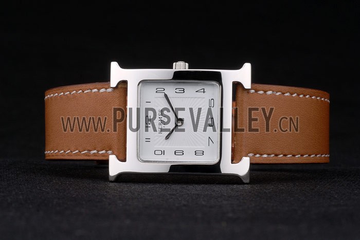Hermes Heure H Stainless Steel Polished Bezel Tan Leather Strap White Dial 80230