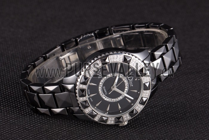Dior VIII Diamond Encrusted Black Bezel Black Bracelet cd09 621362