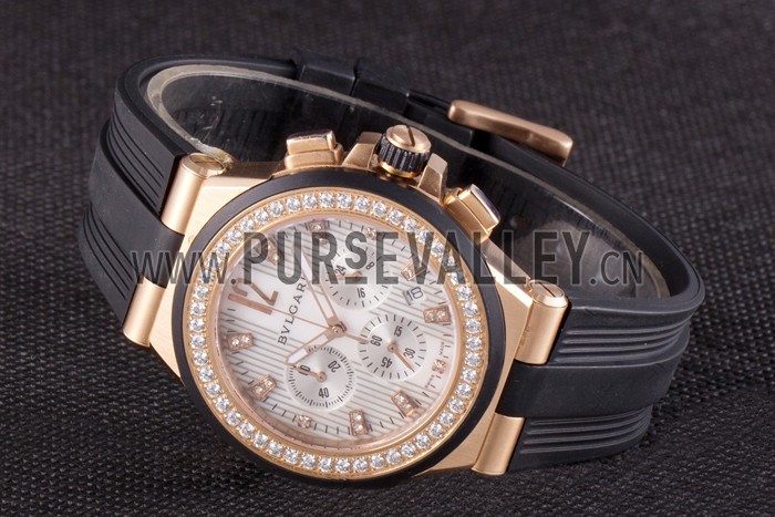 Bvlgari Diagono 40mm White Dial Gold Case With Diamonds Black Rubber Bracelet