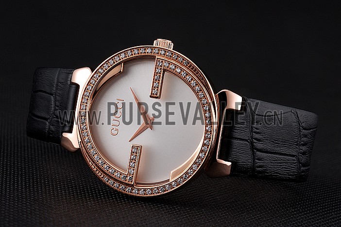 Gucci Interlocking Rose Gold Bezel with Diamonds and Black Leather Band 621514