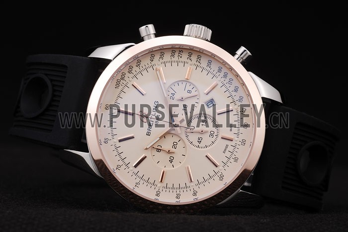 Breitling Transocean White Dial Black Rubber Strap Rose Gold Bezel