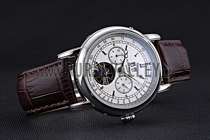 Patek Philippe Geneve Grand Complications White Dial Tourbillon Stainless Steel Bezel Brown Band 622154