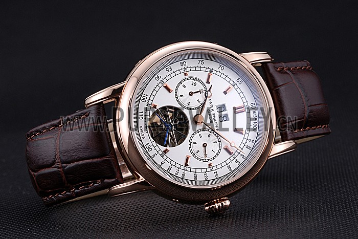 Patek Philippe Geneve Grand Complications White Dial Tourbillon Rose Gold Bezel Brown Band 622156