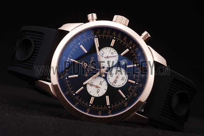 Breitling Transocean Black Dial Black Rubber Strap Rose Gold Bezel 98207