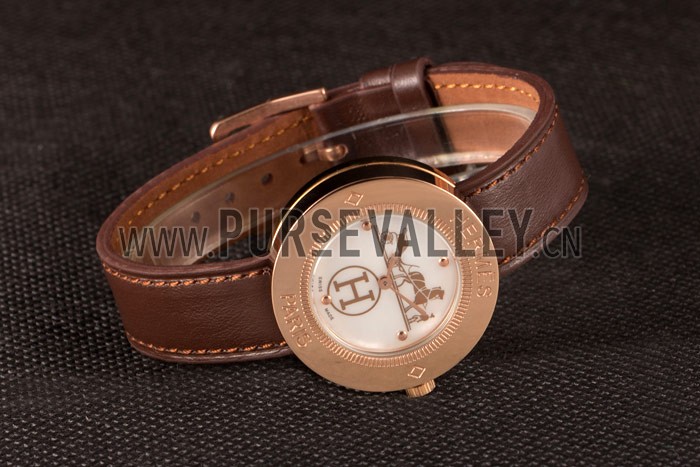 Hermes Classic MOP Dial Brown Leather Bracelet 801389