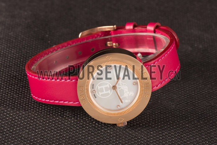Hermes Classic MOP Dial Magenta Leather Bracelet 801388