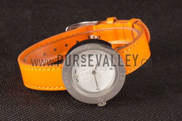 Hermes Classic MOP Dial Orange Leather Bracelet 801390
