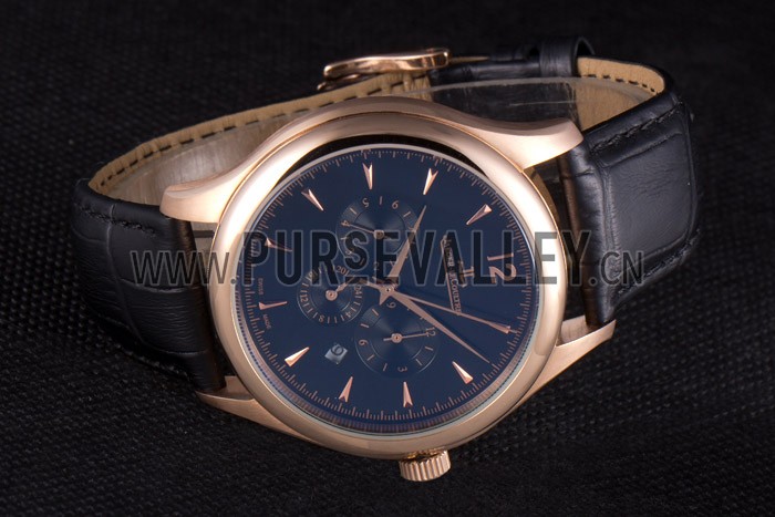 Jaeger Lecoultre Master Chronograph Gold Bezel Black Leather Band 621619