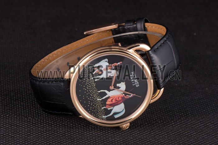 Hermes Classic Croco Leather Strap Black Dial 801397