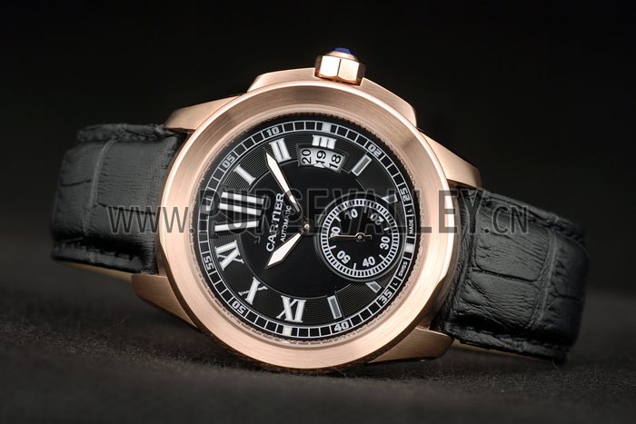 Cartier Calibre Black Dial Gold Case Black Leather Bracelet