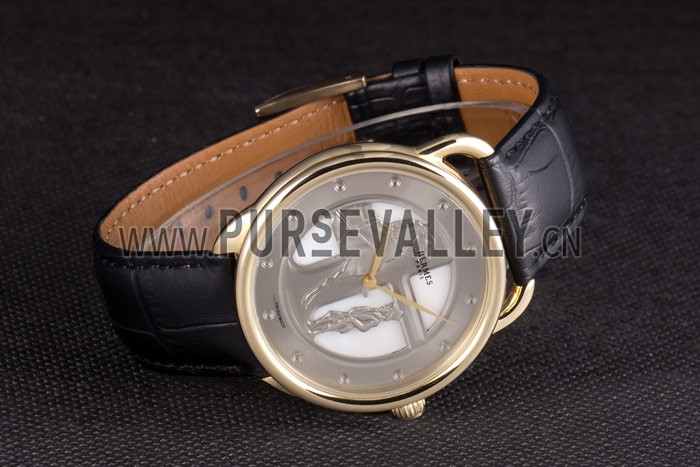 Hermes Classic Croco Leather Strap Silver Dial 801401