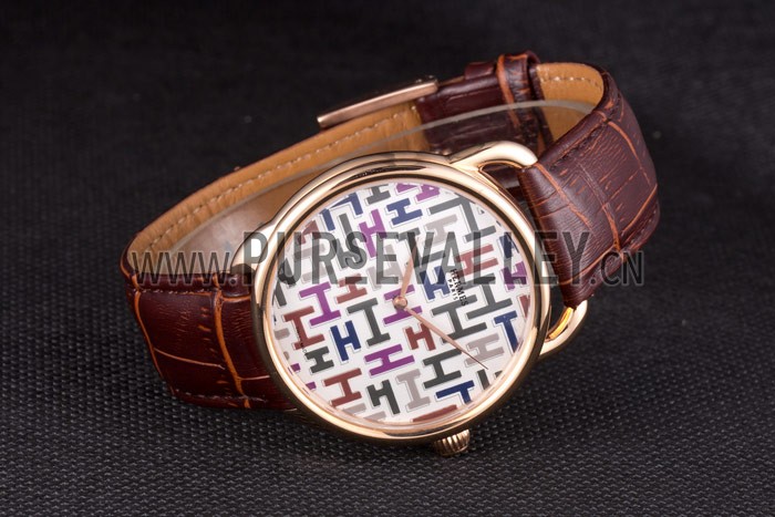 Hermes Classic Croco Leather Strap Multicolor Patterned Logo Dial 801402