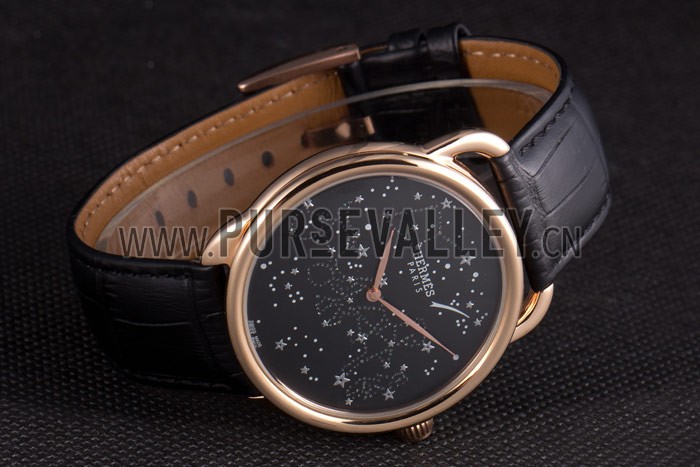 Hermes Classic Croco Leather Strap Black Dial 801405