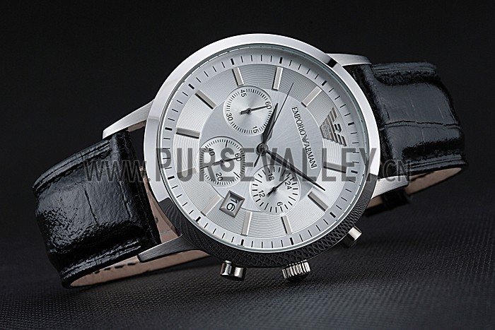 Emporio Armani Classic Chronograph Silver Dial Black Leather Bracelet 622339