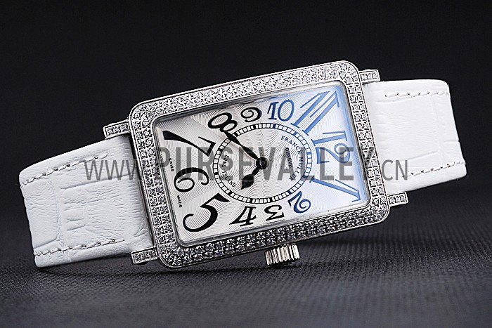 Franck Muller Long Island Classic White Dial Diamonds Case White Leather Band 622368