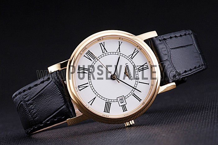 Longines La Grande Classique Round White Dial Gold Case Black Leather Band 622382
