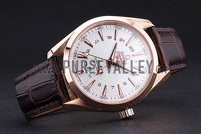Omega Seamaster Planet Ocean GMT White Dial Rose Gold Case Brown Leather Band 622400