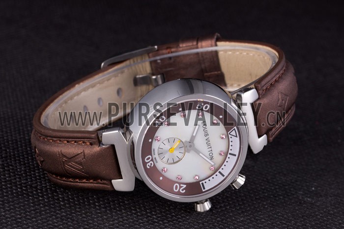 Louis Vuitton Tambour Brown Leather Bracelet White Dial 801420