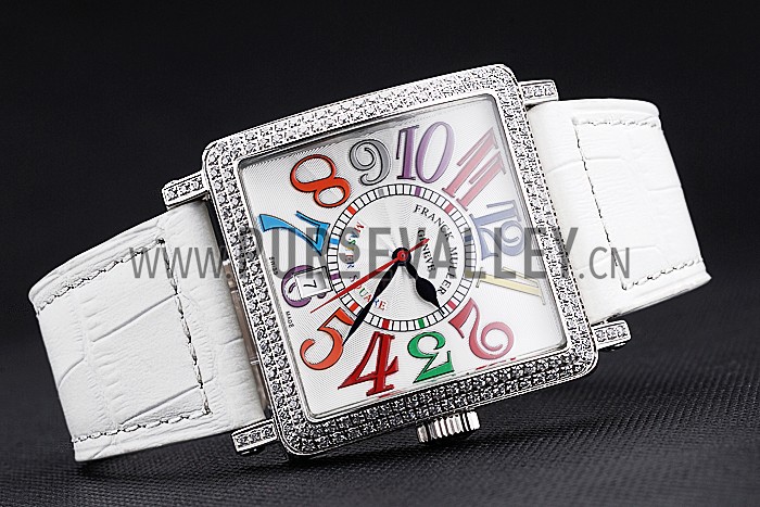 Franck Muller Master Square Color Dreams Diamonds Case White Leather Band 622356