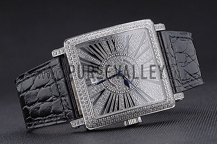 Franck Muller Master Square Diamonds Dial Diamonds Case Black Leather Band 622358