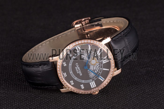 Cartier Moonphase Rose Gold Watch with Black Leather Band ct251 621370
