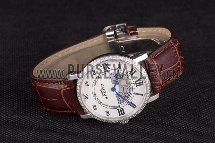 Cartier Moonphase Silver Watch with Brown Leather Band ct256 621375